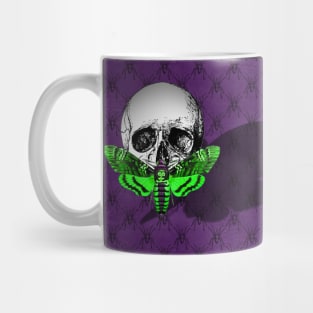 Acid Green Skull Moth on Purple Spider Pattern - Goth Fashion - Halloween Mug